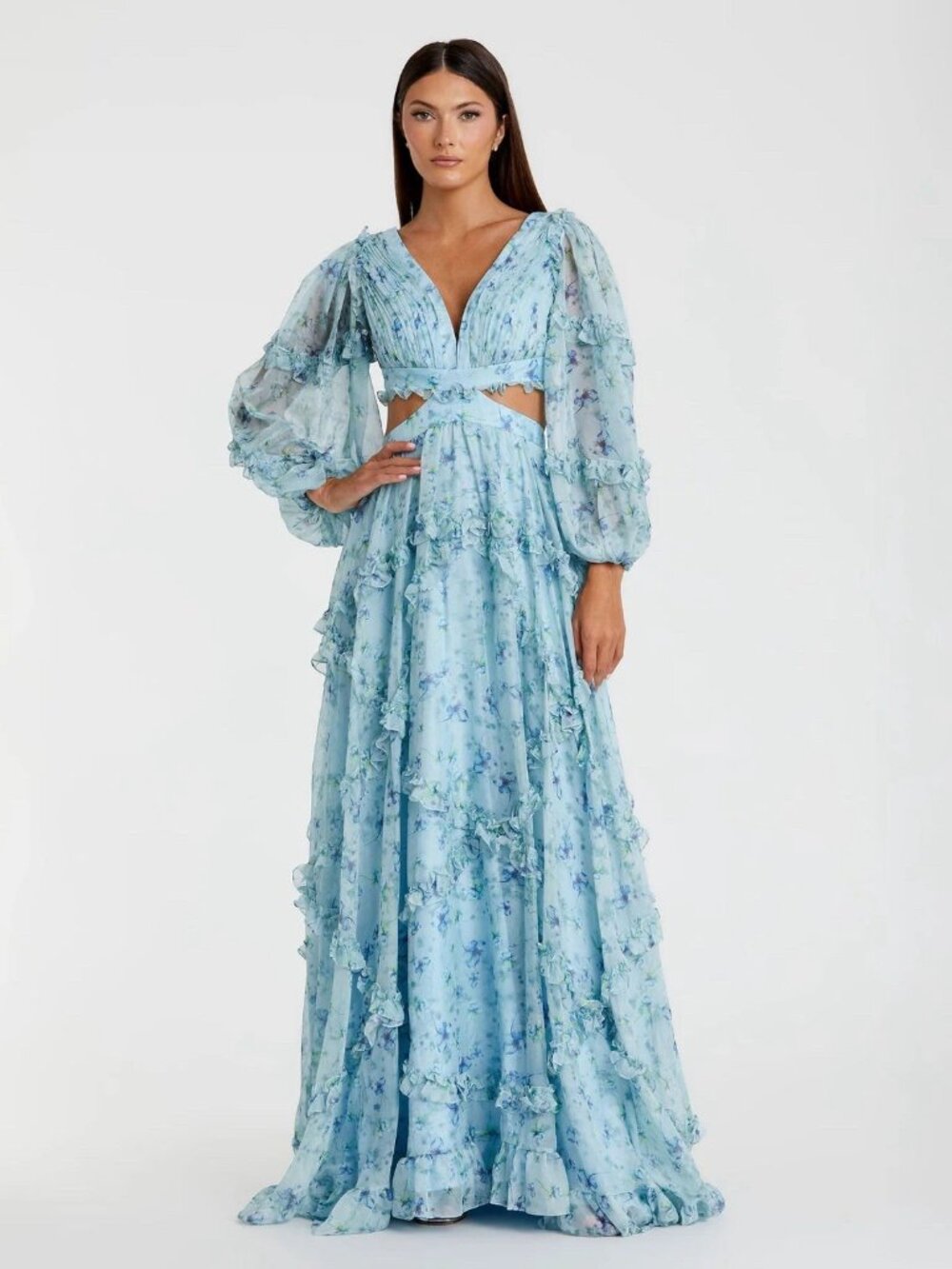 Mac Duggal Size 0 Blue 70249 Ruffle Tiered Cut Out Long Sleeve Gown Dress Prom